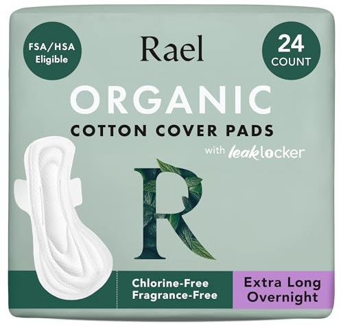 Rael Pads for Women, Organic Cotton Cover - Period Pads with Wings, Feminine Care, Sanitary Napkins, Ultimate Absorbency, Postpartum, Unscented, Ultra Thin (Extra Long Overnight, 24 Count)