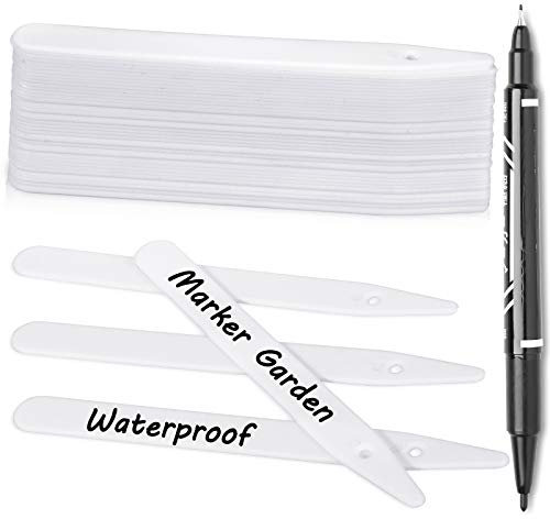 Whaline 100Pcs Thick Plastic Plant Label with Hole, White Waterproof Garden Stake Tags with 1 Marker Pen and A Roll of Twine(6 Inch)