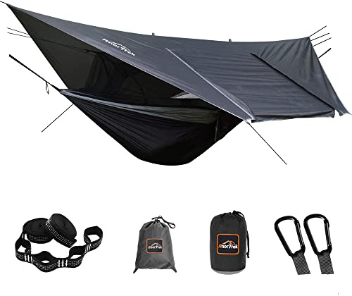 AnorTrek Campinghängmatta med myggnät och regnflugpresenning, bärbar dubbel hängmatta med två trädremmar, 210T nylonhängmatta och vattentät regnfluga-set för vandring, backpacking (svart)