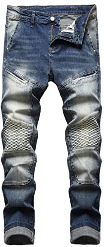 JUNBAOSS Men's Biker Moto Washed Distressed Slim Fit Straight Jeans Mens Stretchy Ripped Skinny Jeans Men Ripped Holes Taped Denim Pants
