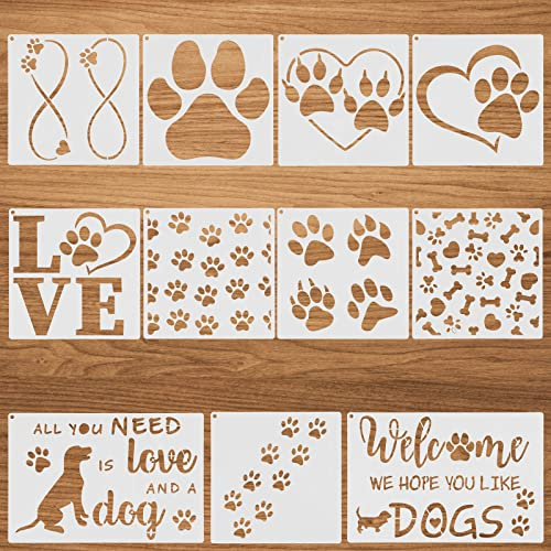 Prasacco 11 plantillas reutilizables para pintura de patas de perro, plantillas de plástico de varios tamaños con anillo abierto de metal para manualidades, álbumes de recortes, pintura en pared de