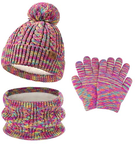 Bequemer Laden Niños invierno Gorro Termicos Pompon Bufanda Guantes Tactiles Conjunto con Forro Polar para 5-8 Años Regalo para Bebe Niñas Niños