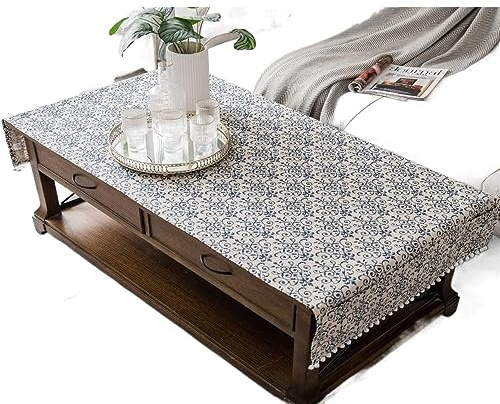 DHAEY Mantel de Mesa de Centro Estilo rústico for Sala de Estar, Cubierta de Mesa Auxiliar con Bolsillo, Mantel de Lino de algodón (Color : Blue Flower, Size : 23.6x63 Inch)