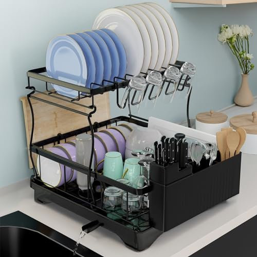PRIME FEEL 2 Tier Dish Drainer Rack, Rustproof Dish Drying Rack for Kitchen Countertop, Draining Board Rack with Drip Tray, Cutlery Drainer, Glass Holder & Chopping Board Rack, (Black)