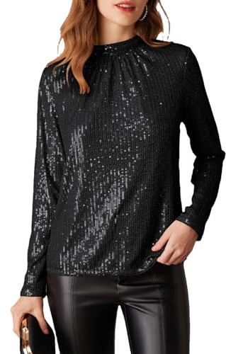 GRACE KARIN Donna Top con Paillettes Camicia con Glitter a Maniche Lunghe con Colletto Alto per Feste Camicia Elegante, Nero , S
