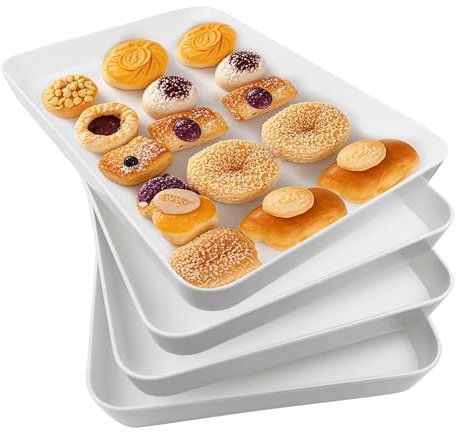 greenandlife Serving Tray, 4PCS White Reusable Serving Platters for Party, Plastic Tray for Snacks, Food, Cookies, Sandwich, Tea, Drink, Dinner, 40.4 x 27.9 cm