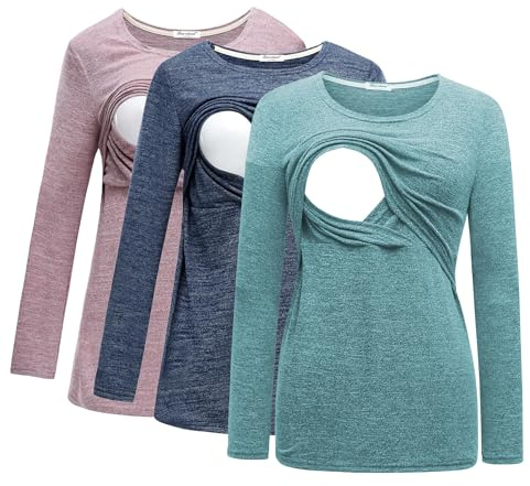 DDLUYY Paquete de 3 camisetas de maternidad de manga larga para lactancia, Rosa, azul, azul cielo, L
