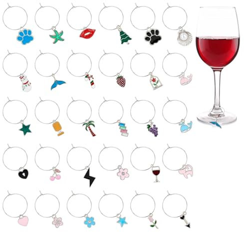 OOTSR 30 Segna Bicchieri Calici, Segnabicchieri Charms Riutilizzabili per Bicchiere di Vino, Colorati Identificazione Tag con Fibbia, Marcatori di Ciondoli per Feste Degustazione Decorative, Argento