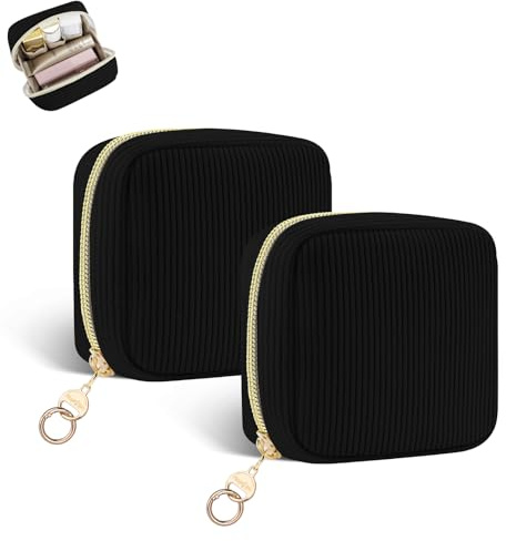 Mini Trousse Maquillage Femme en Velours Côtelé Pochette Maquillage Fille Voyage Sac de Rangement à Cosmétique Rouge à Levre Vernis à Ongles Idéal Cadeau Anniversaire Noël 10 * 5 * 10cm(2pcs Noir)