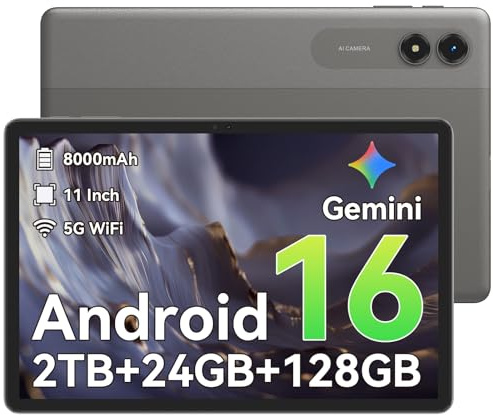 Android 16 Tablet,11 Inch Tablet with 24GB RAM 128GB ROM,Octa-Core T7250 Processor,90Hz Display,8000mAh Battery with Fast Charging & OTG Reverse Charge,Gemini AI Tablets,Smart Camera,4-Year Warranty