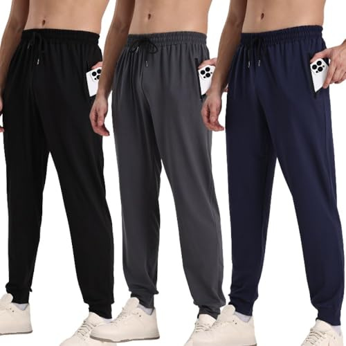 Hpbygstae Lot de 3 pantalons de jogging, de sport, de fitness, avec poches zippées, course et fitness, Lot de 3 - Noir/gris foncé/bleu marine, L