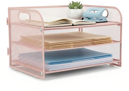 FERNVALE 3-Tier Metal Mesh Letter Tray with Handle – Stackable Desk File Organizer for A4 Paper, Desktop Document Holder, Magazine & File Sorter, Office Supplies Desk Accessories (Pink)
