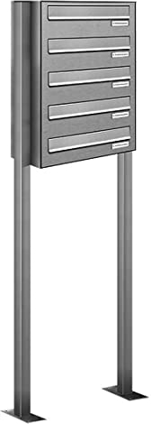 AL Briefkastensysteme 5er Edelstahl Durchwurfbriefkasten, 5 Fach Briefkasten DIN A4, wetterfeste Standbriefkastenanlage in V2A Edelstahl mit fünf Fächern