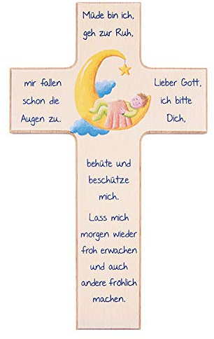 FRITZ COX Kinderkreuz aus Holz Kind im Mond | für Kinderzimmer und Patengeschenke | tolles Geschenk zur Taufe und zum Geburtstag | Müde bin ich, geh zur Ruh | 15cm natur