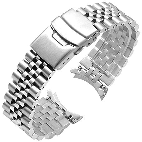 Juntan Edelstahl Uhrenarmband 24mm Gebogene Enden Konisch Flexibles Metall Uhrenarmbänder Armband Silber Ersatzarmband Faltschließe Ersatz Deployment für Herren Damen