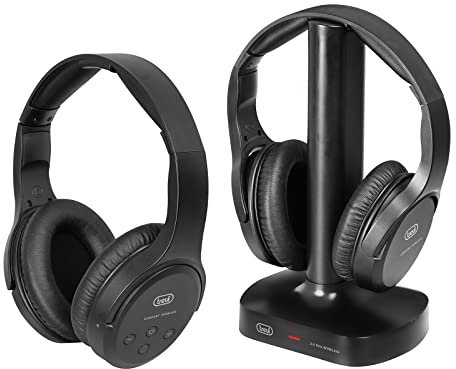 Trevi FRS 1580 TW Set di 2 Cuffie TV Wireless Senza Fili, Portata Fino a 30 Metri, Ideali per TV e Impianti Stereo, Ingresso Ottico, Batteria Ricaricabile, Alimentatore Base e Cavo Ottico in Dotazione