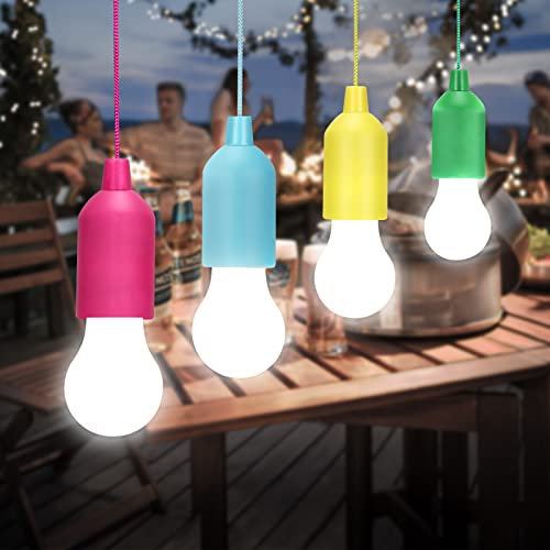 Lampop 4 Pack LED Light Bulb Battery Operated Portable Hanging Pull Cord Lamp On A Rope for Weddings Festivals Camping Parties Decoration, Cold White