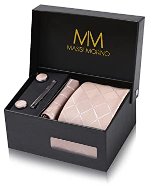 Massi Morino Krawatte Champagner Quadrat mit Einstecktuch Set Herren inkl. Manschettenknöpfe, Krawattennadel und Geschenkbox - Männer Krawattenset