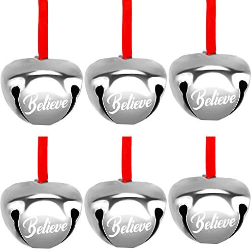 FOIMAS 12pcs 1.6 Inch Believe Bell Ornament Metal Christmas Sleigh Bells with Red Ribbon for Christmas Tree Holiday Decoration,Silver