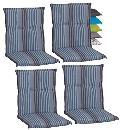 Beo Niedriglehner Auflagen 4er Set Waschbar Turin | Made in EU Premium-Qualität | UV-beständige Gartenstuhlauflage Niedriglehner | Atmungsaktive Stuhlauflage Niedriglehner mit Streifen in Blau-Grau