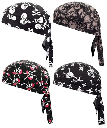 Cotton Doo Rags Skull Beanie Hat Bandana Motorcycle Dew Rag Head Wrap Hard Hats Helmet Liner Welder Pirate Cosplay Costume Skull Cooling Welding Do Rags Caps for Men and Women (Skull Styles)