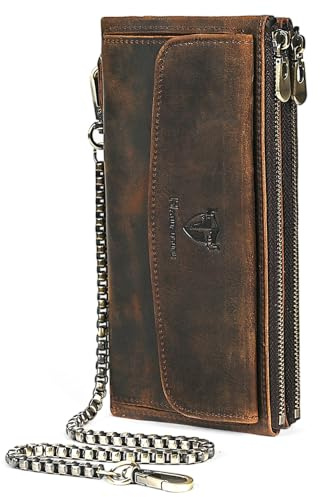 Handadsume Genuine Crazy Horse Leather Travel Gift Coin Pocket Card Case Long Organizer Chain Rfid Wallet Purse With Snap For Men Male 1803 1815 (1803 Silver)