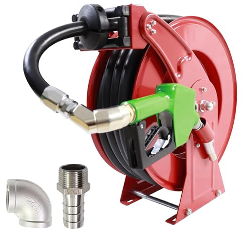 BORRITT 3/4 Inch Fuel Hose Reel,3/4X50'Retractable Ratchet Spring Driven Diesel Hose Reel,360 Rotating Fuel Hose Swivel,AUTO Fuel Nozzle,SS304 Elbow Pipe,Barb Fitting,300 PSI,1NPT Inlet,3/4 Outlet