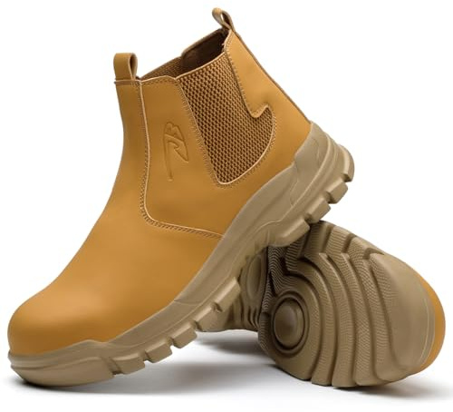 Micoklinlin Scarpe da lavoro da uomo, impermeabili, slip-on, di sicurezza per saldatore, stivali Chelsea resistenti agli urti e ai punti, giallo., 40 EU