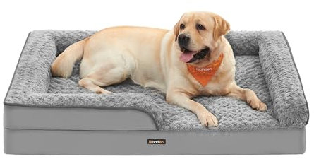 Feandrea Orthopädisches Hundebett für große Hunde, wasserdichtes Hundesofa mit abnehmbarem Plüsch-Bezug, 106 x 76 x 16 cm, Taubengrau PGW253G01