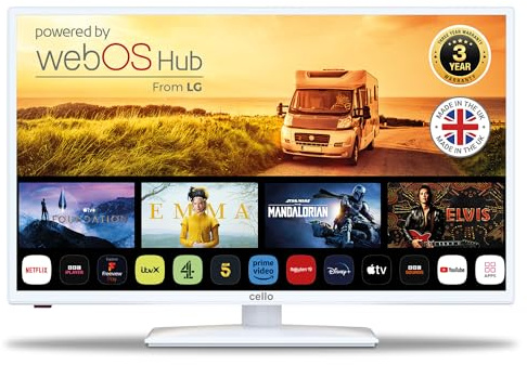Cello White 12 Volt 32 inch Traveller Smart TV, 3 Years Warranty, Made in UK Ultrafast WebOS, Freeview Play, FreeSat, Bluetooth, Netflix, Apple TV, BBC. TV for Campervans, Motorhomes, HGVS