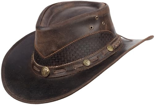 Lyndon Lederhut Herren Damen – Westernhut aus Rindsleder mit Concho-Hutband – Gesteppte Krone & Kinnriemen-Ösen – Cowboyhut Vintage Look – Outdoor & Festival (DE/NL/SE/PL, Alphanumerisch, S, Braun)