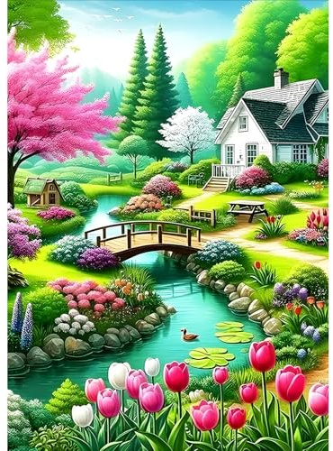 DPHERO Idyllic Cottage Diamond Painting Kits for Beginners Adults,5D DIY Bridge River Diamond Art Kits,Round Full Drill Garden Gem Art Crafts,DIY Painting by Numbers for Home Wall Decor 12x16 inch