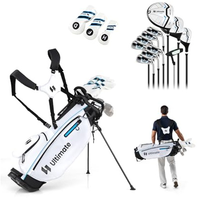 GOPLUS Set Completo de Golf de 15 Piezas,Juego de Golf para Hombres con Driver, Fairway, Híbrido, Hierros, Putter y Bolsa de Pie con Almacenamiento, Portátil para Principiantes (Blanco)