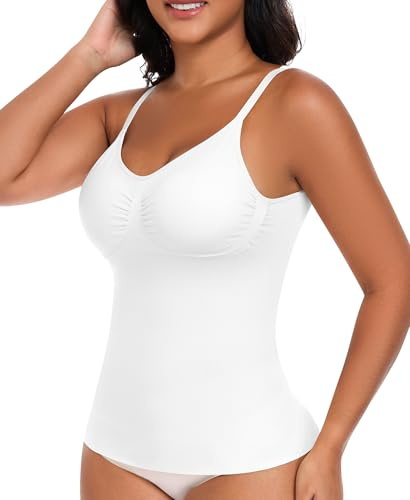 Seamless Shapewear Vest Tank Top for Women Tummy Control Compression Camisole Top with Built-in Bra Padded with Adjustable Straps V Neck Slimming Sleeveless Cami Shirt (White,XL)