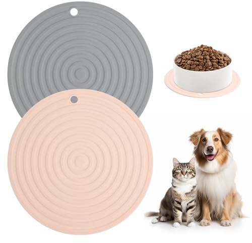 UOCAI Tappetino rotondo in silicone, 2 pezzi, per cani e gatti, per presine medie e piccole, rosa + grigio, 24 cm