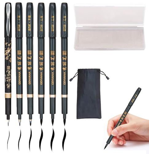 Rilanmit Hand Lettering Pens, Refillable Calligraphy Pens Brush Marker Pens Set Black, 4 Size for Writing, Painting, Drawing, Pack of 6