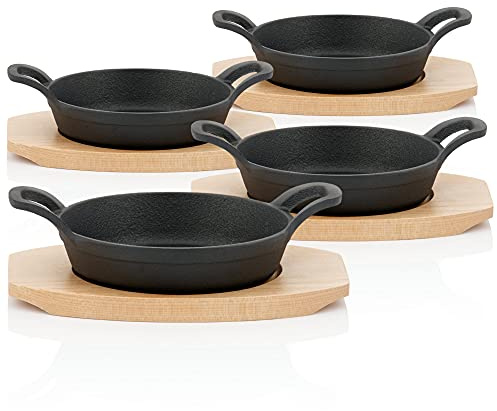 BBQ-Toro serveringspanna i gjutjärn med träunderlägg (4 stycken) | Ø 16 cm | redan inbränd – förbehandlad | gjutjärnsgrillpannor, stekpannor, serveringspanna, grillpanna, gjutjärnspanna