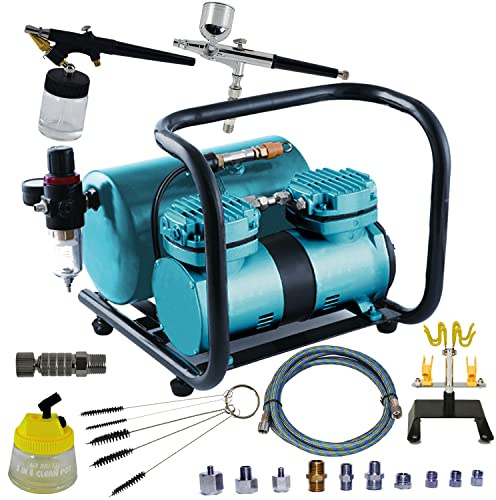 Kit Airbrush Duo Power Efficient = le kit complet avec compresseur aérographe, 2 pistolets de haute qualité, support, réservoir de compresseur, 2 embouts de nettoyage rapides Point de nettoyage, tuyau