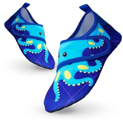 Chaussure Aquatiques Enfant Chaussure de Plage Garçon Fille Séchage Rapide Antidérapant Pieds Nus Chaussure d'eau Chausson Piscine Barefoot pour Aqua Surf Nager Plongée Sport Yoga 26/27EU Pieuvre Bleu