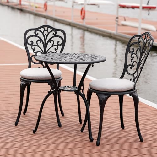 Withniture Patio bistro set i 3 delar utomhus, bistrobord och stolar, set med 2 st med paraplyhål, bistroset med kuddar, gjuten aluminium uteplats möbelset för trädgårdsveranda