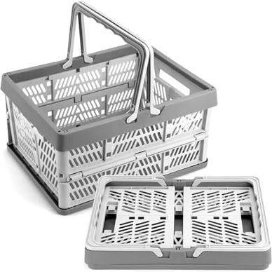 QWORK® Klappbox Faltbar mit Henkel 2 Stück, Faltbar Plastik Lagerkisten Klappboxen für Zuhause Picknicks Supermärkte Klappbarer Einkaufskorb Handkorb, 30.5 x 20.5 x 16.5cm