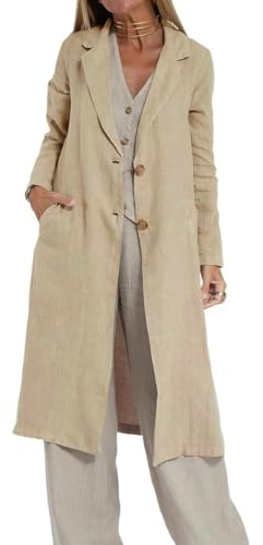 IDEALSANXUN Long Linen Blazer Women 2026 Casual Lightweight Spring Jackets Summer Blazer Midi Length Trench Coat Cardigan Tops, Khaki, XL
