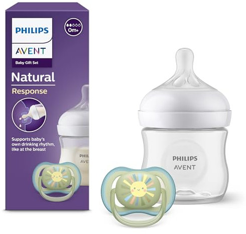 Philips AVENT Natural Response Geschenkset für Babys, Natural Response Babyfläschchen 125ml mit Saugergröße 2 (ab Geburt), ultra air Schnuller, Modell SCD837/10