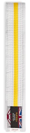 Playwell Ceinture d'arts martiaux en coton blanc avec rayures colorées – (karaté, judo taekwondo), Ceinture blanche avec rayures jaunes, 250cm