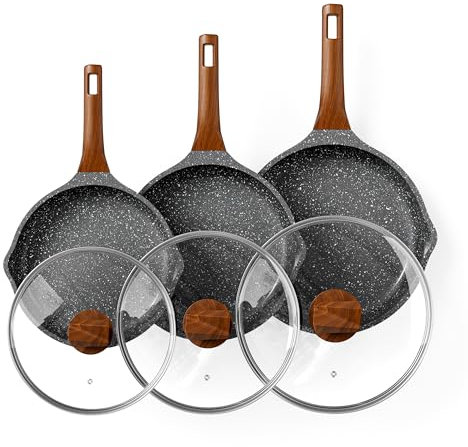 RIOVARM Induzione Set di padelle con coperchi Antiaderente Padelle universali 20 cm 24 cm 28 cm Granito Padella per omelette Set di pentole con manico resistente al calore Adatto a vari fornelli