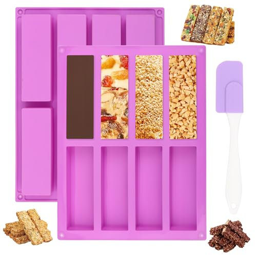 IETWATE 2 Pezzi Stampi in Silicone a 8 cavità, Stampo Silicone Rettangolare, Stampi in Silicone per Dolci Antiaderente, Stampi Silicone con 1 Spatola, per Barrette di Cereali Cioccolato Pane Sapone