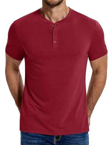 COOFANDY Henley, maglietta estiva da uomo, a maniche corte, leggera, in cotone, con bottoni, rosso vivo, XL
