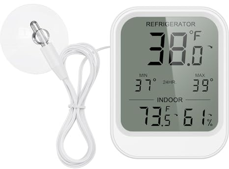 Ankilo Termómetro digital para frigorífico, con sonda impermeable de 1,5 m, pantalla LCD de alta resolución, alarma de temperatura, grabación mínima/máxima y interruptor ℃/℉, para frigorífico