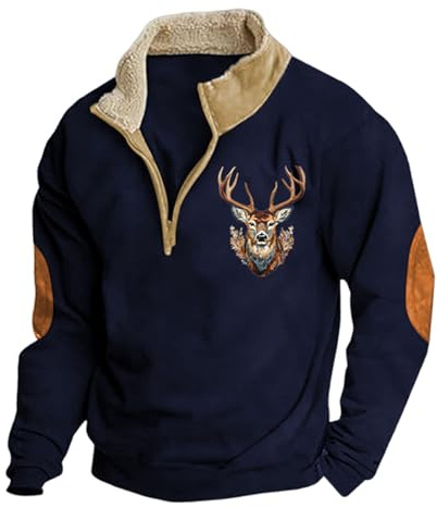 Generisch Pull d'hiver pour homme avec impression de cerf, sweat-shirt à manches longues avec col montant et fermeture à boutons sur un quart, haut vintage d'hiver avec col montant, coupe ample, pull