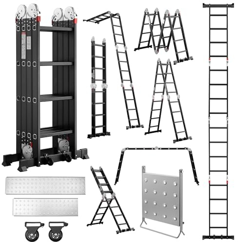 TEENO Scala multiuso pieghevole 7 in 1, 4.7 M, 4 x 5 Gradini, Scala Multifunzionale Alluminio con Piattaforma di Lavoro, 2 Piastre di Ponteggio, 2 Ruote Rimovibili, Carico massimo 150 kg, Nero